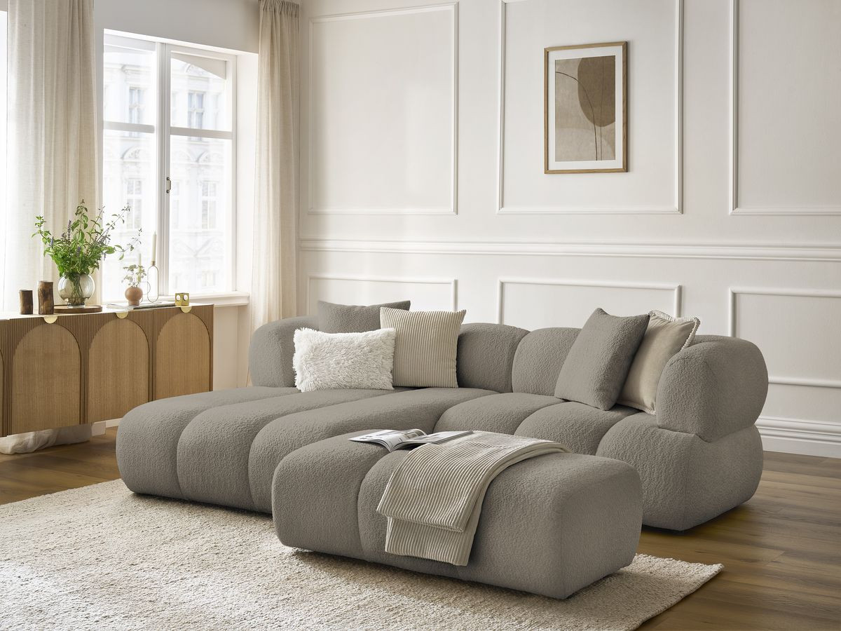 Bobochic Pamira Ecksofa mit Pouf Bouclé-Stoff Taupe Ecke links