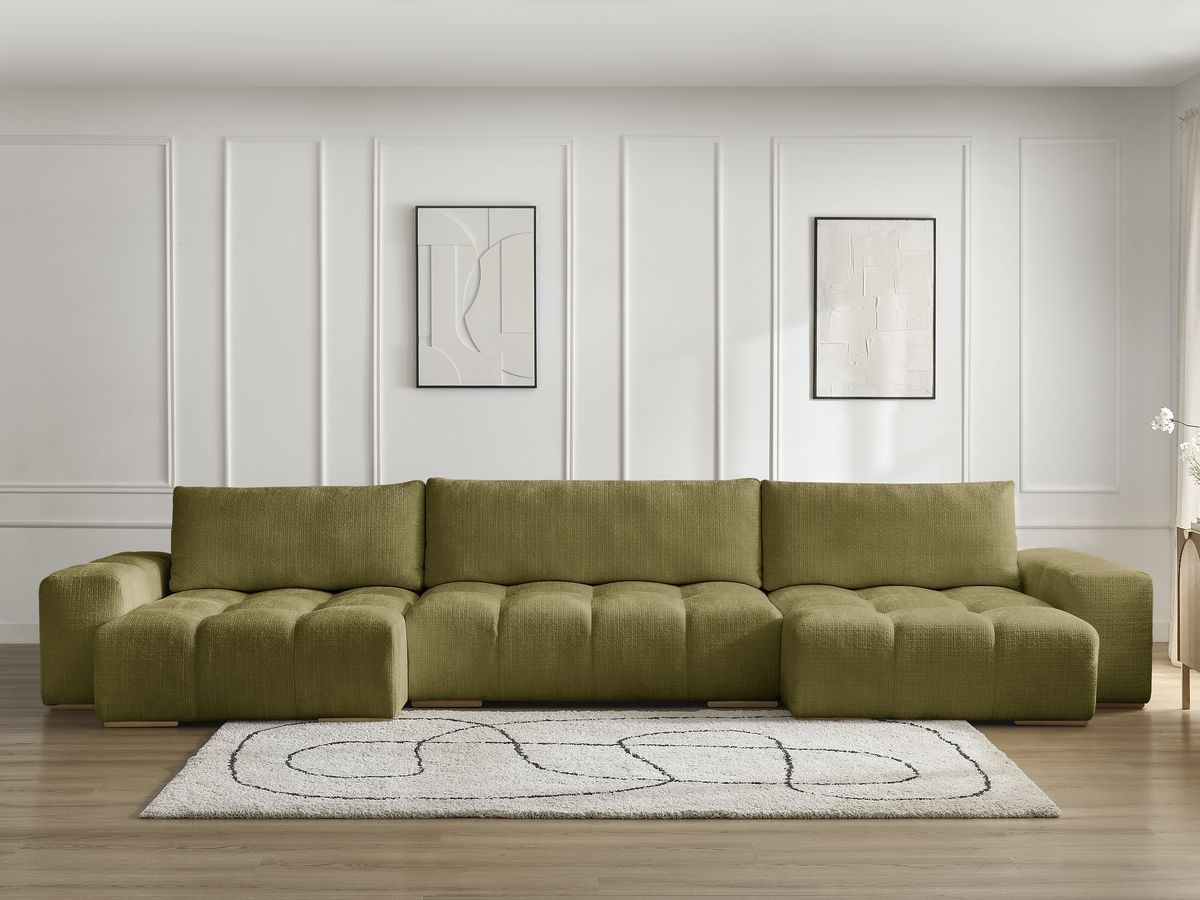 Bobochic Anakin Wohnlandschaft, Liegefläche 137 × 382 cm, 3 Kissen Strukturstoff Grün