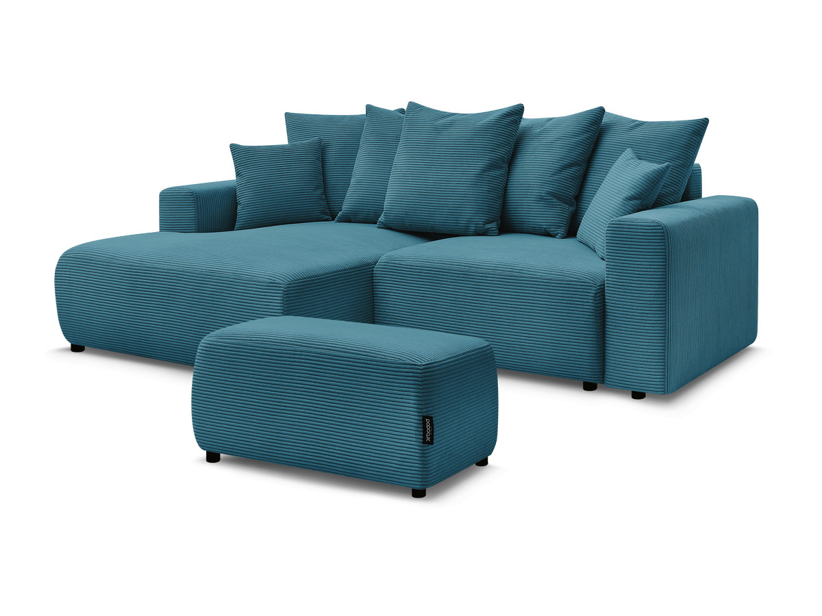 Bobochic Atilla Ecksofa mit Schlaffunktion und Bettkasten und Pouf Cordsamt Hellblau Ecke links