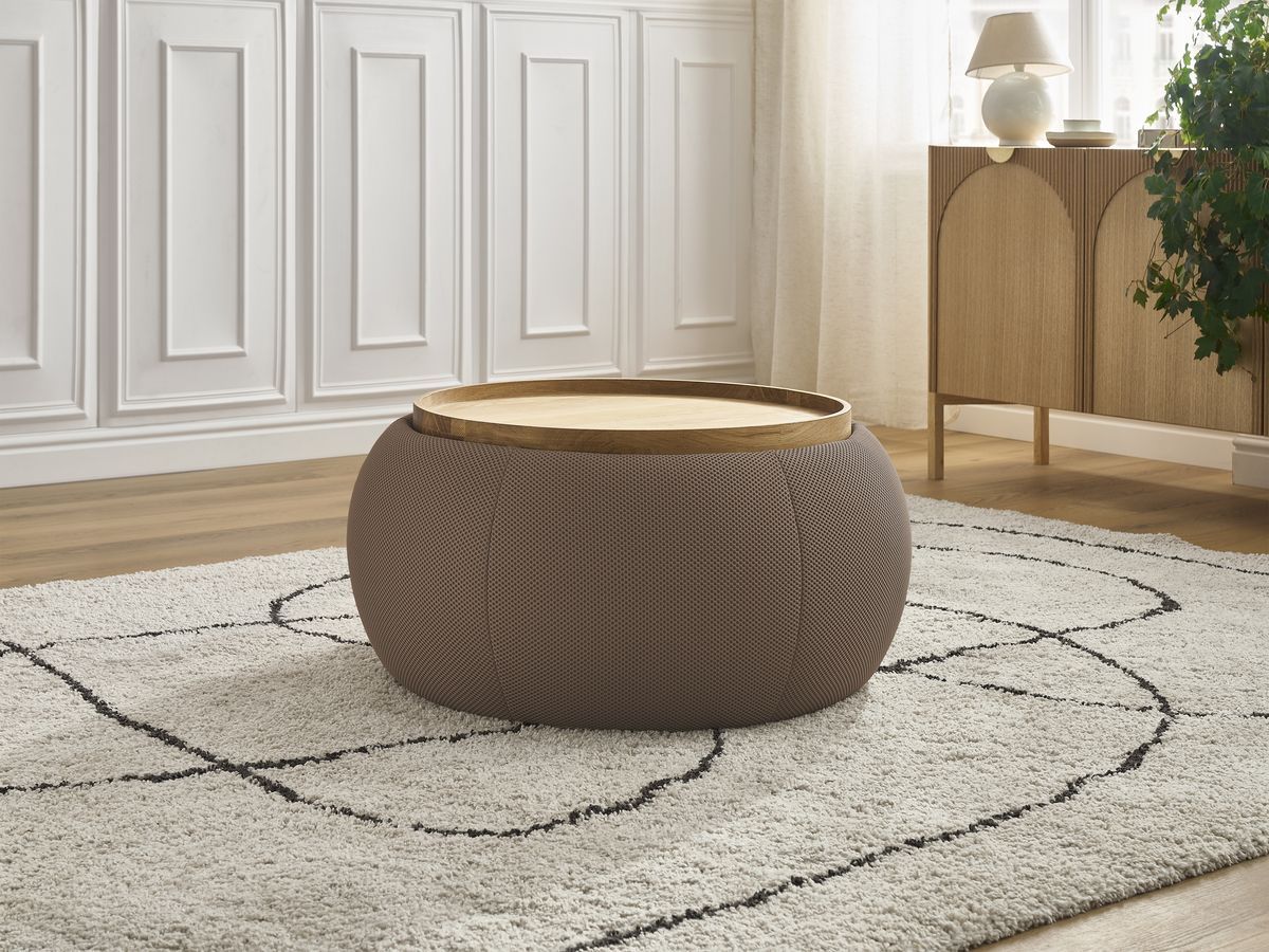 Bobochic Hayden Pouf mit Tablett, rund Mesh-Stoff Braun, 77 cm