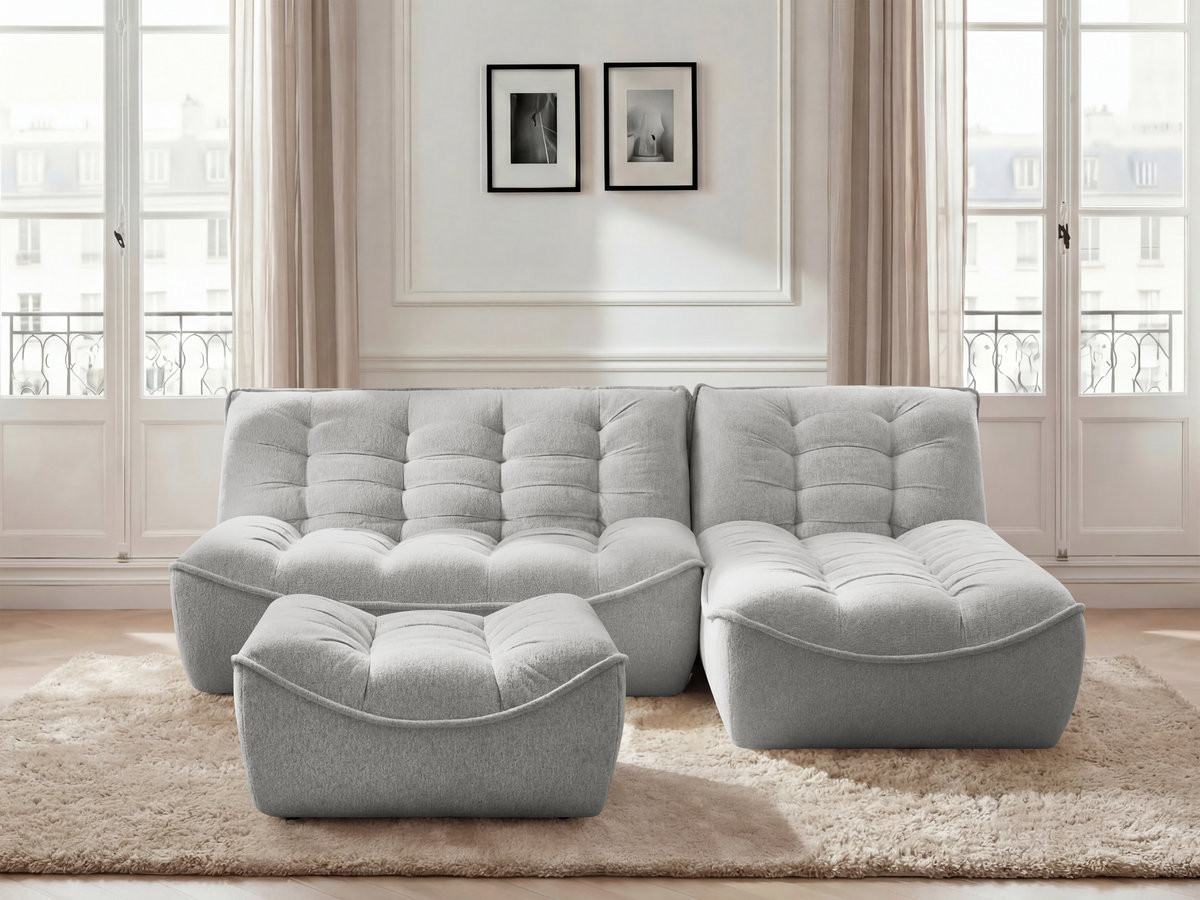 Bobochic Serena Ecksofa mit Pouf Melange-Stoff Hellgrau