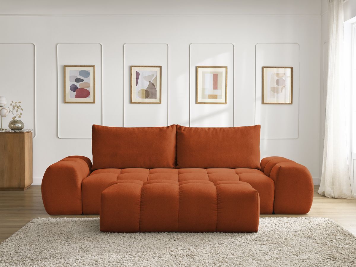 Bobochic Everest Sofa 3-Sitzer mit Pouf, 2 Kissen Strukturstoff Orange