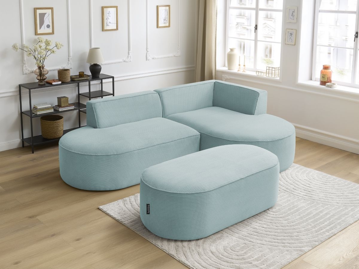 Bobochic Rousseau Ecksofa mit Pouf Cordsamt Hellblau Ecke rechts