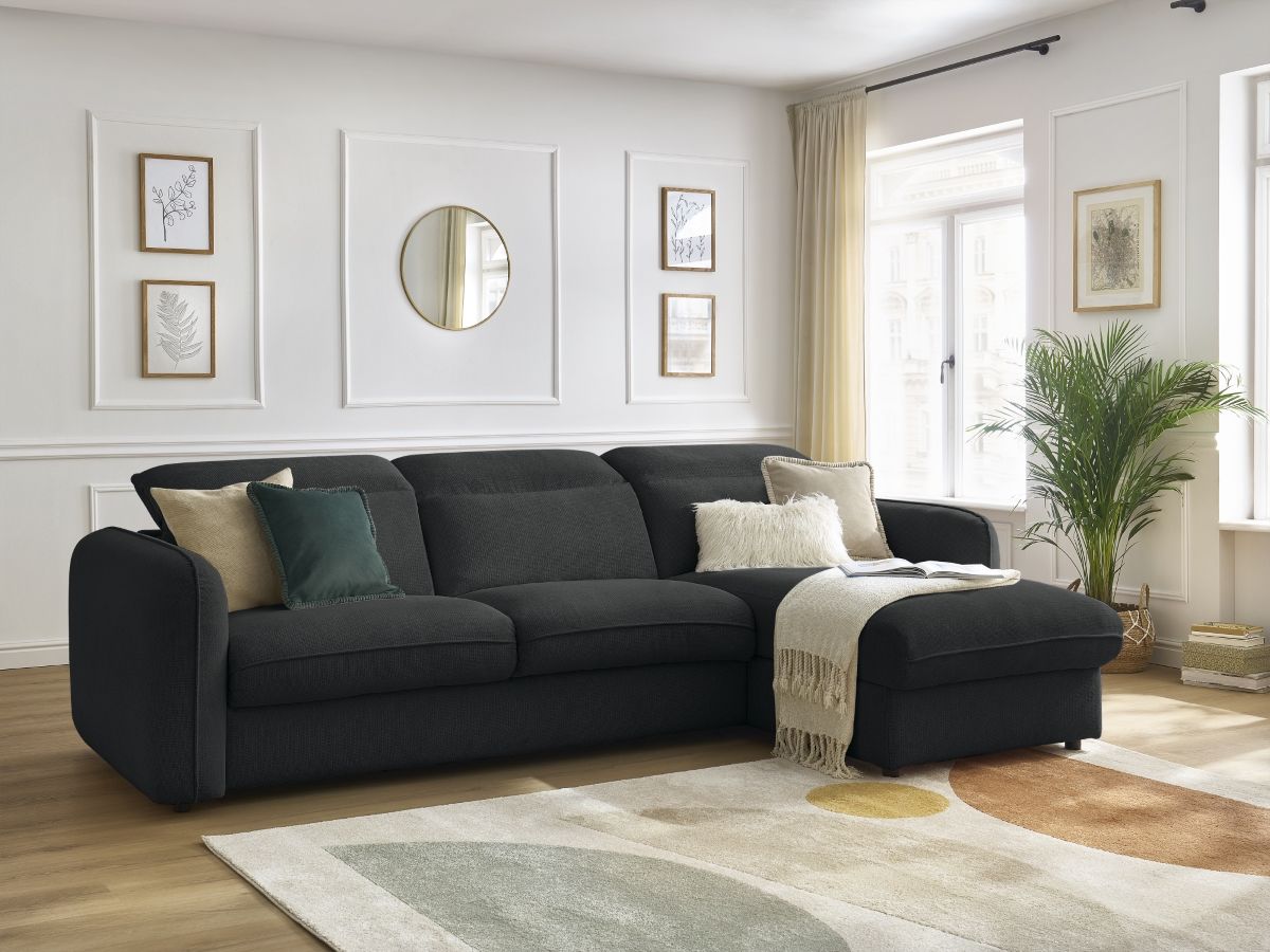 Bobochic Achille Ecksofa mit Schlaffunktion und Bettkasten Melange-Stoff Schwarz, Liegefläche 160 × 200 cm