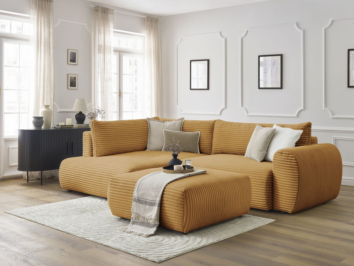 Bobochic Lucien Ecksofa mit Schlaffunktion und Bettkasten und Pouf 296 × 198 cm Breitcord weich Gelb Ecke links
