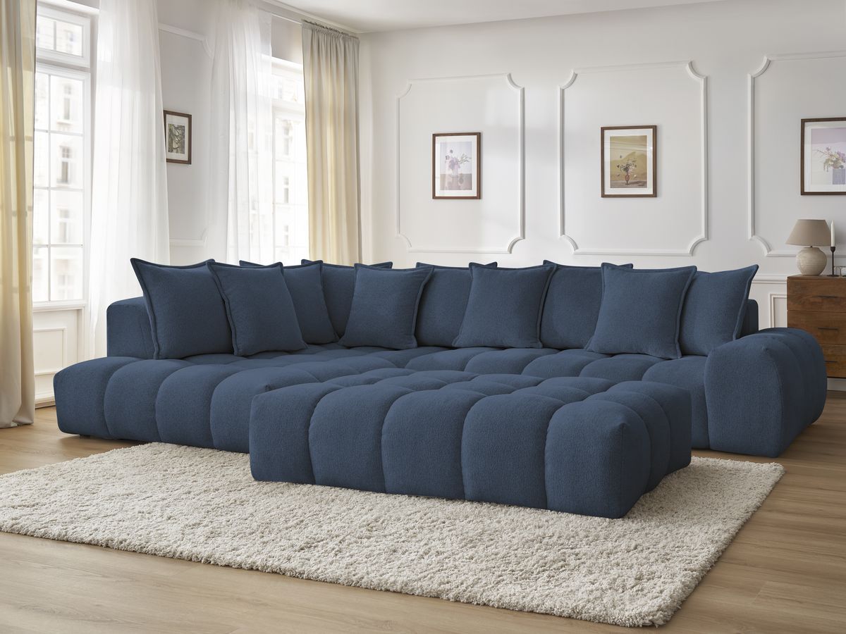 Bobochic Everest Ecksofa mit Schlaffunktion und Pouf, 10 Kissen Melange-Stoff Dunkelblau Ecke links
