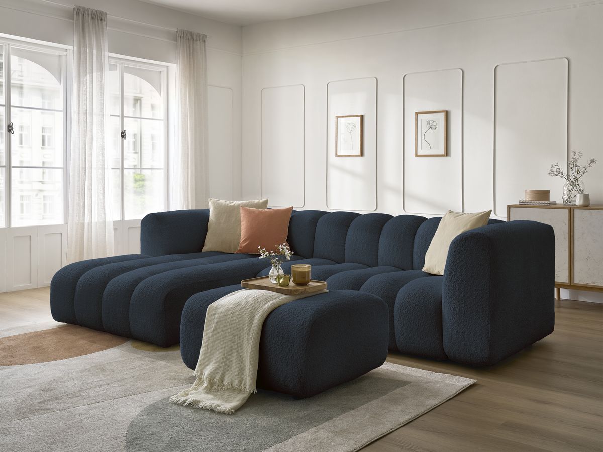 Bobochic Talia Ecksofa mit Pouf Bouclé-Stoff Dunkelblau Ecke links