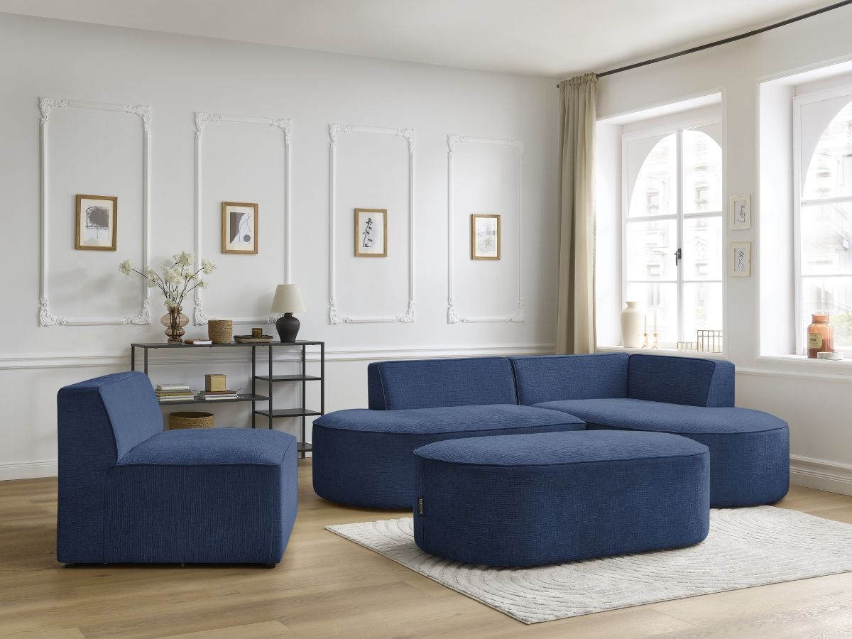 Bobochic Rousseau Ecksofa mit Sofamodul und Pouf Strukturstoff Dunkelblau Ecke rechts