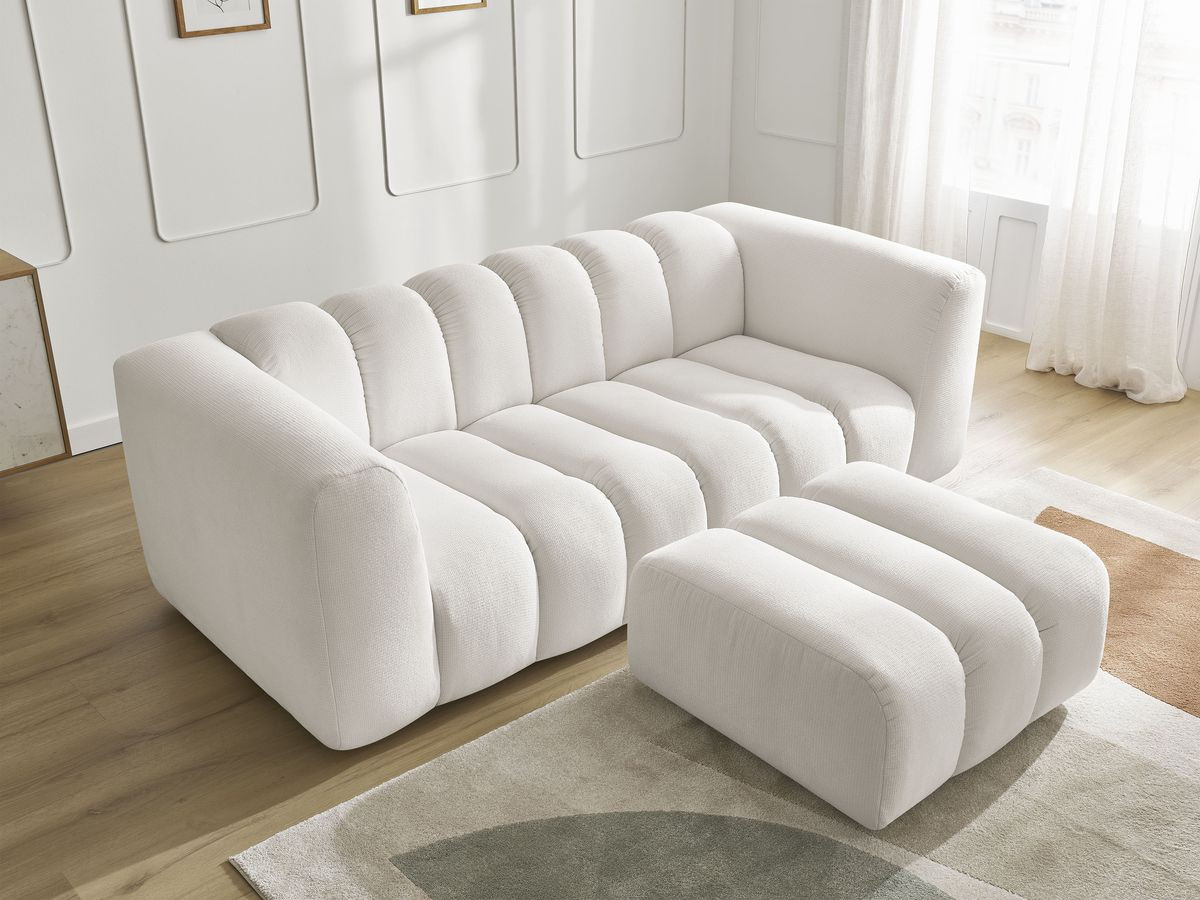Bobochic Talia Sofa 3-Sitzer mit Pouf Melange-Stoff Weiß
