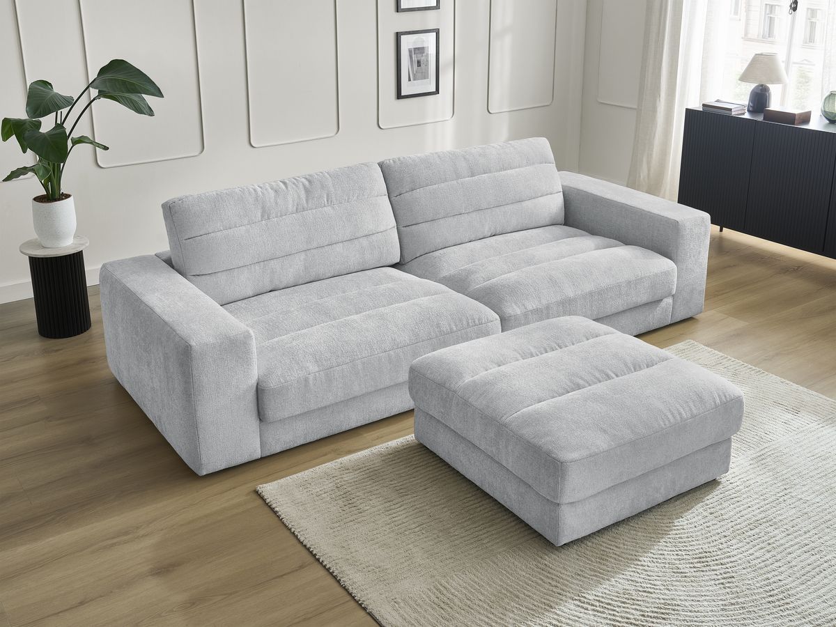 Bobochic Sierra Sofa 3-Sitzer mit Pouf Strukturstoff Hellgrau