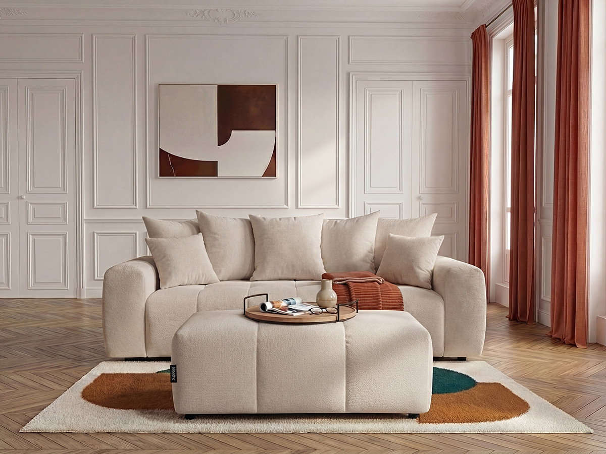 Bobochic Roxelane Schlafsofa 3-Sitzer mit Bettkasten und Pouf Melange-Stoff Beige