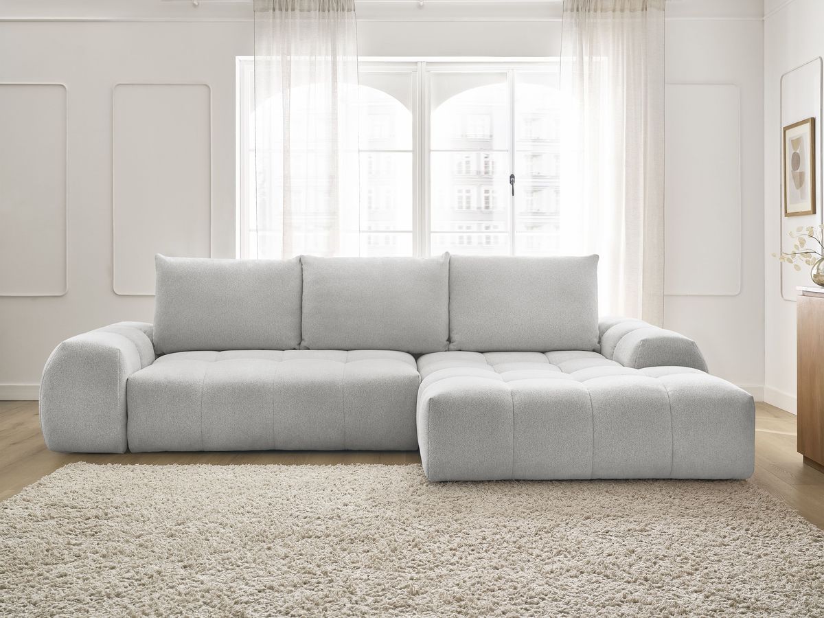 Bobochic Everest Ecksofa mit Schlaffunktion und Bettkasten 318 × 180 cm, 3 Kissen Melange-Stoff Hellgrau Ecke rechts