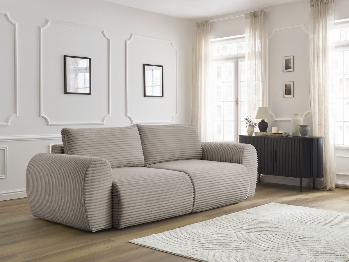 Bobochic Lucien Schlafsofa 3-Sitzer mit Bettkasten Breitcord weich Taupe