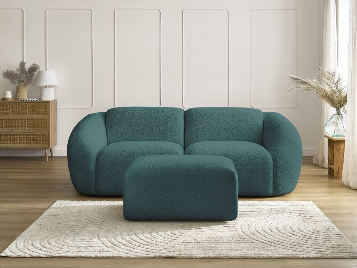 Bobochic Tina Sofa 3-Sitzer mit Pouf Bouclé-Stoff Hellblau