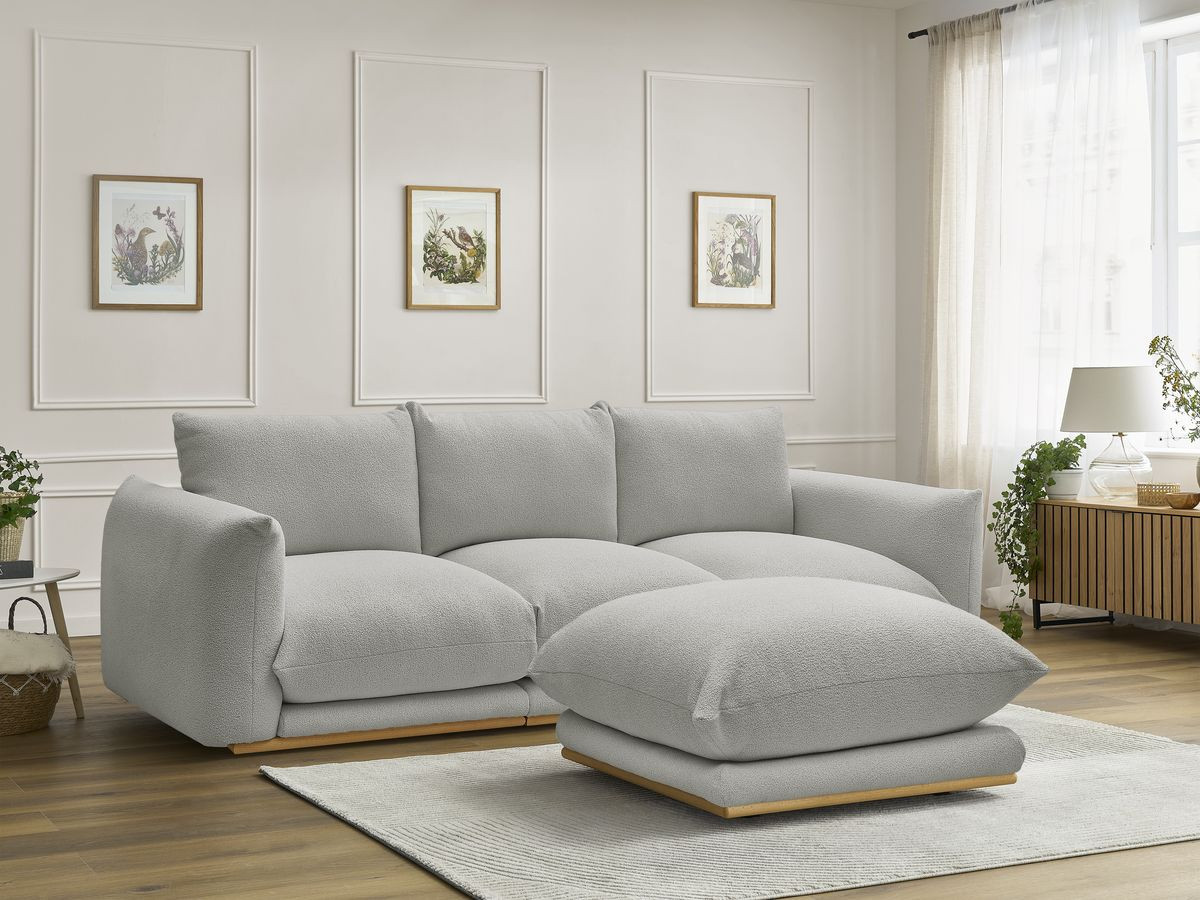Bobochic Ernest Sofa 3-Sitzer mit Pouf 266 × 106 cm Bouclé-Stoff Hellgrau