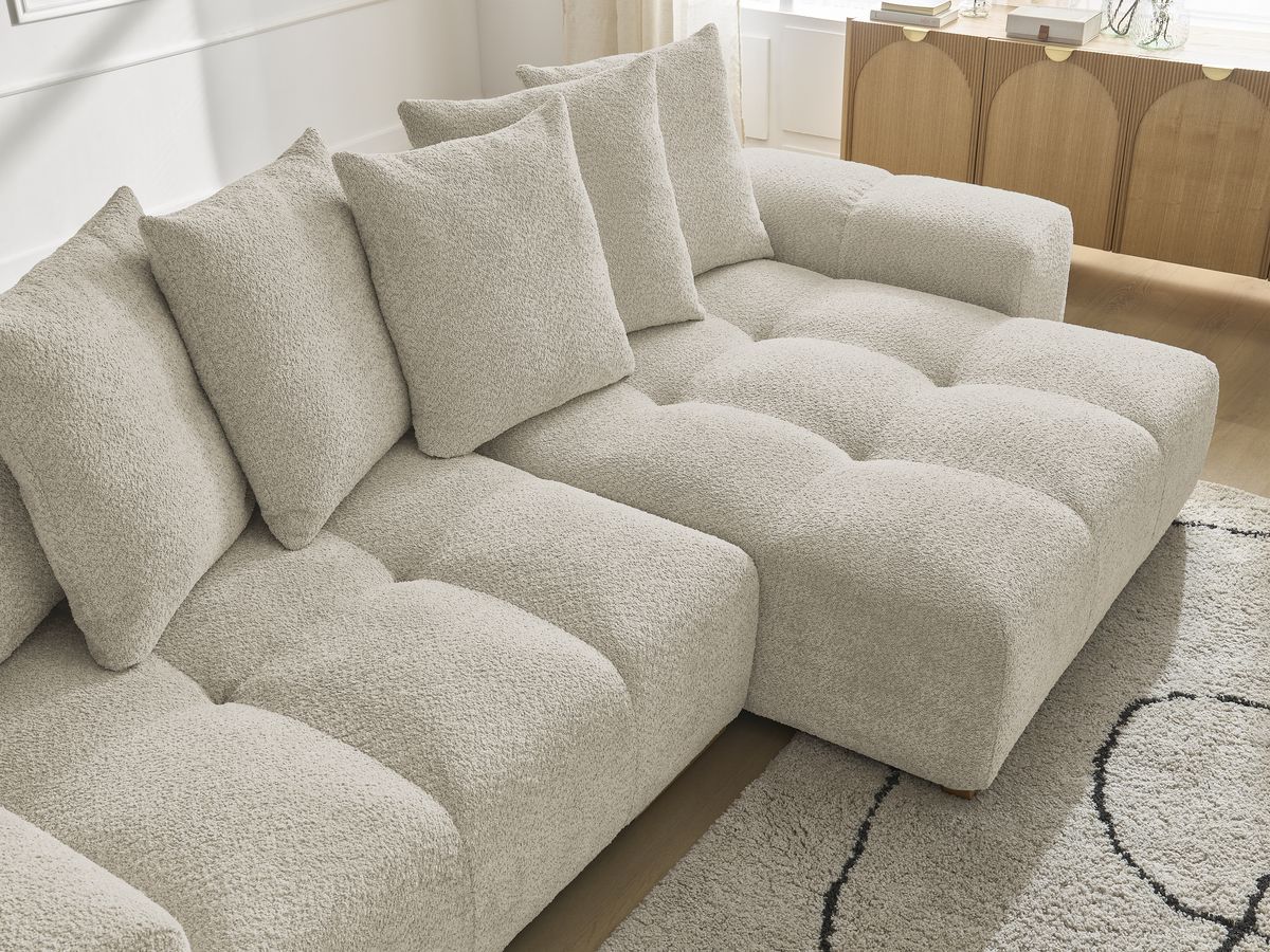 Bobochic Anakin Ecksofa mit Schlaffunktion und Bettkasten, 6 Kissen Bouclé-Stoff Beige