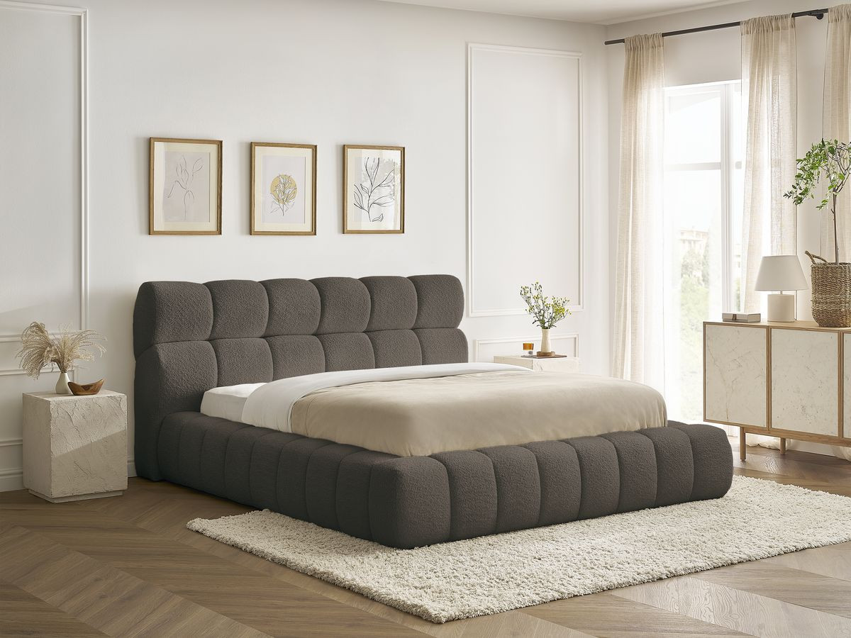 Bobochic Mont-blanc Polsterbett mit Bettkasten Bouclé-Stoff Braun, Liegefläche 140 × 190 cm