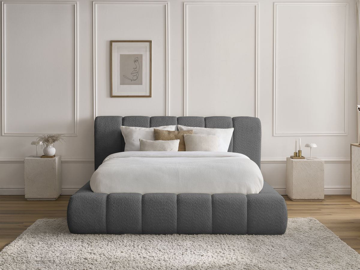 Bobochic Denali Polsterbett mit Bettkasten Bouclé-Stoff Dunkelgrau, Liegefläche 140 × 190 cm