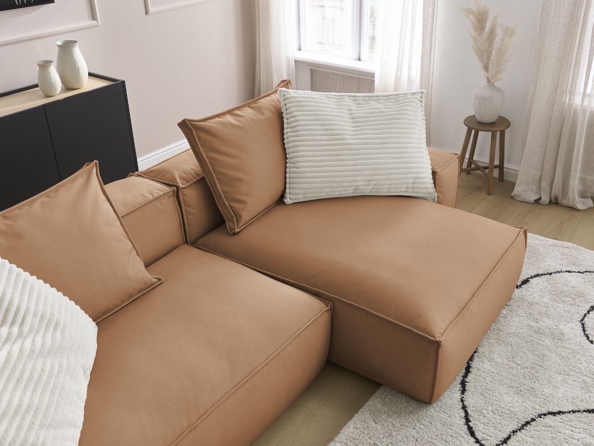 Bobochic Boheme Ecksofa, 3 Kissen Kunstleder Hellbraun