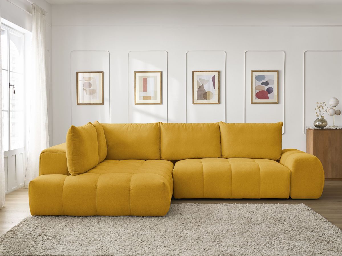 Bobochic Everest Ecksofa mit Schlaffunktion und Bettkasten 320 × 212 cm, 5 Kissen Strukturstoff Gelb Ecke links