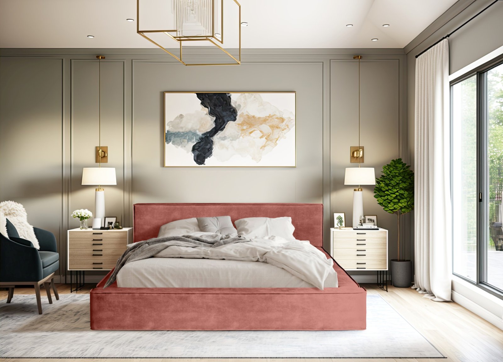Polsterbett Delano Samtstoff 160x200 mit Holzrahmen Macau Coral