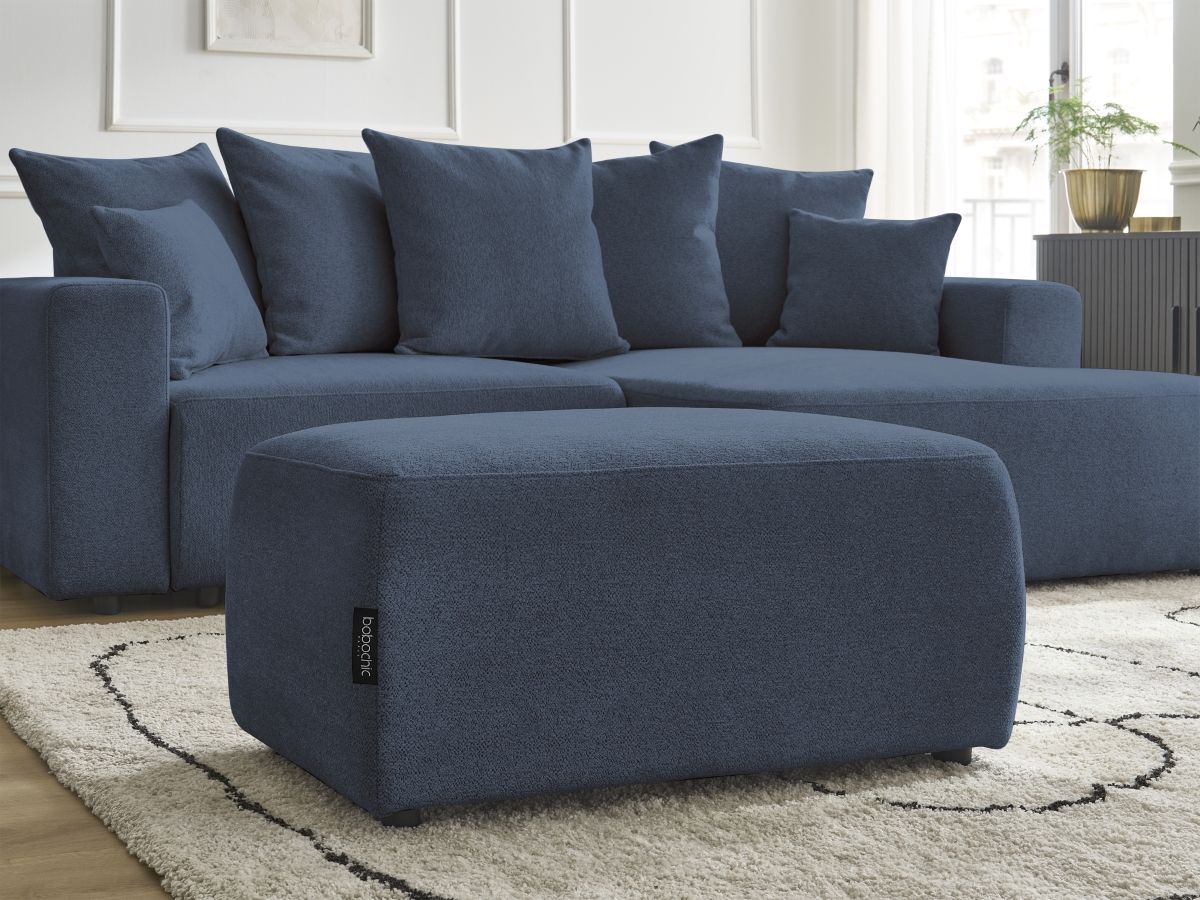 Bobochic Atilla Ecksofa mit Schlaffunktion und Bettkasten und Pouf Melange-Stoff Blau Ecke rechts