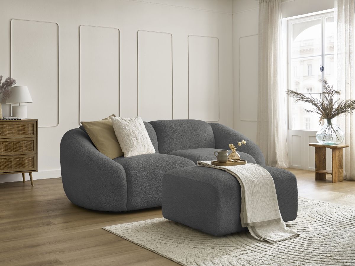 Bobochic Tina Sofa 3-Sitzer mit Pouf Bouclé-Stoff Dunkelgrau