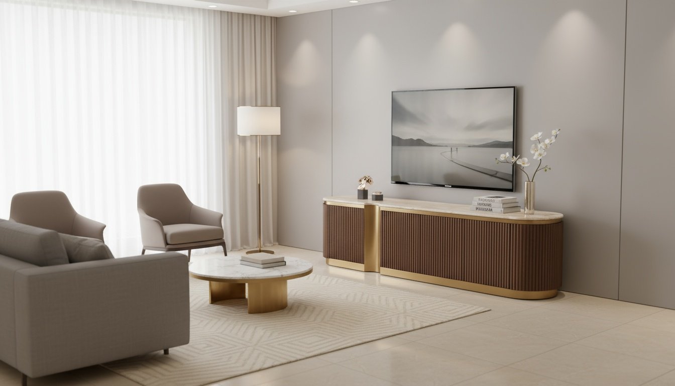 Livin Hill TV-Kommode Stilig Kunstmarmor Walnuss, Platte Hellbeige