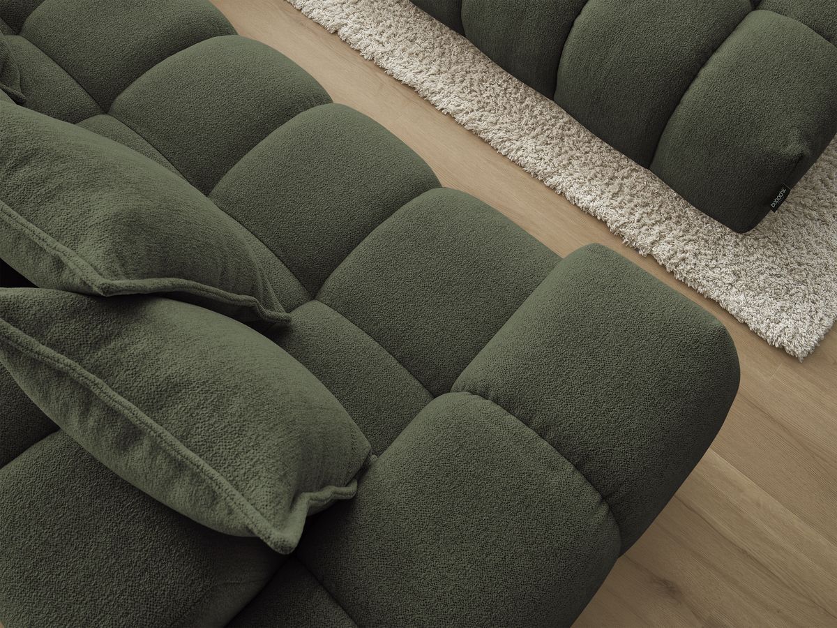 Bobochic Everest Ecksofa mit Schlaffunktion und Pouf, 10 Kissen Melange-Stoff Grün Ecke rechts