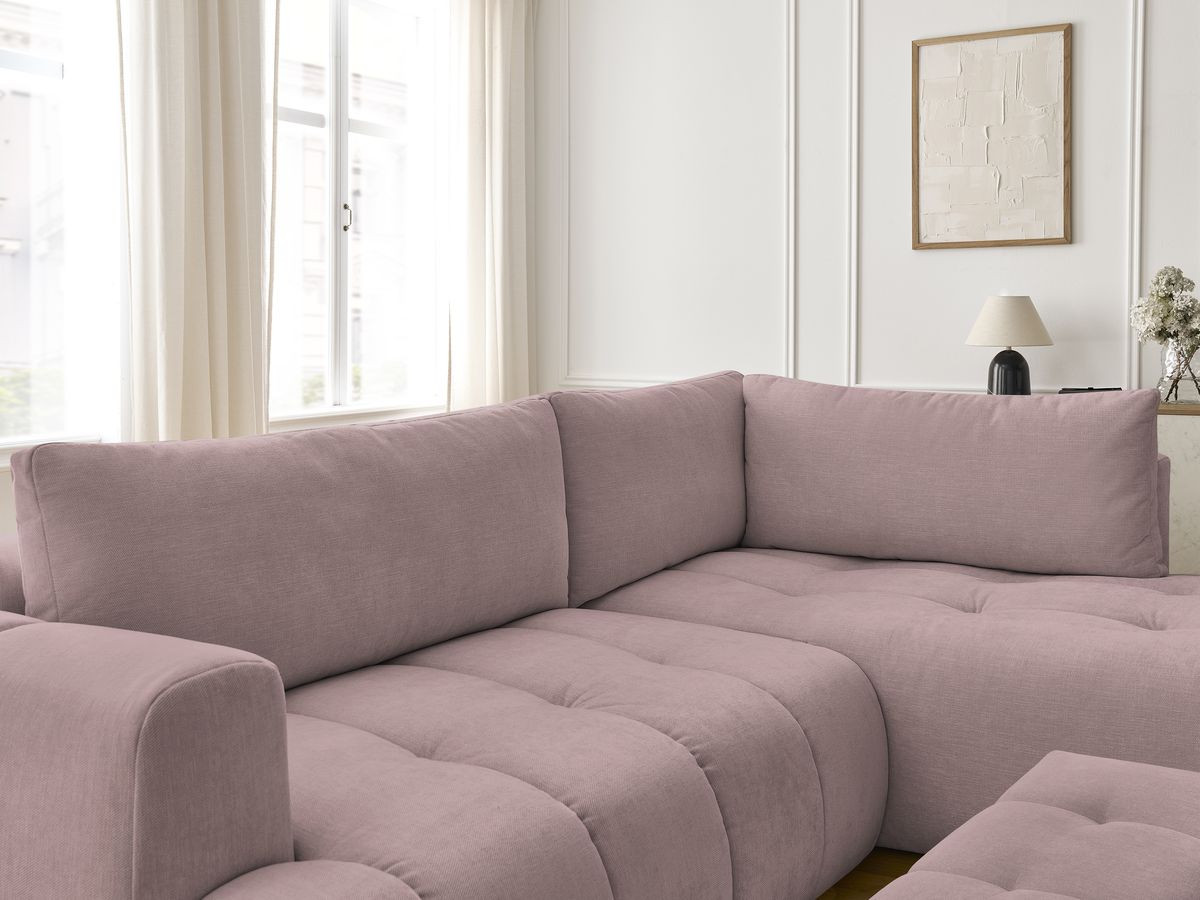 Bobochic Fuji Ecksofa mit Schlaffunktion und Bettkasten und Pouf 282 × 204 cm Stoff Rosa Ecke rechts