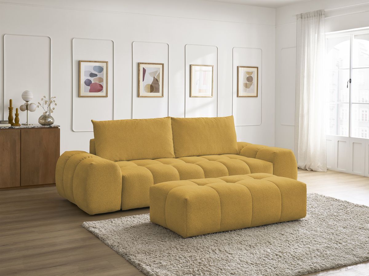 Bobochic Everest Sofa 3-Sitzer mit Pouf, 2 Kissen Melange-Stoff Gelb