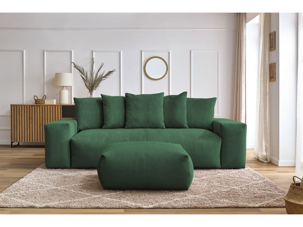 Bobochic Voltaire Schlafsofa 4-Sitzer mit Bettkasten und Pouf Cordsamt Grün