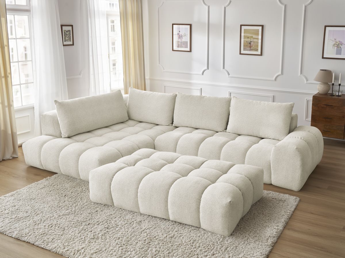 Bobochic Everest Ecksofa mit Schlaffunktion und Pouf, 4 Kissen Melange-Stoff Weiß Ecke links