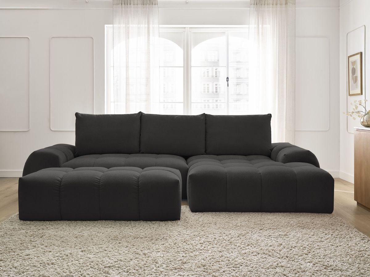 Bobochic Everest Ecksofa mit Schlaffunktion und Bettkasten und Pouf 318 × 180 cm, 3 Kissen Strukturstoff Schwarz Ecke rechts