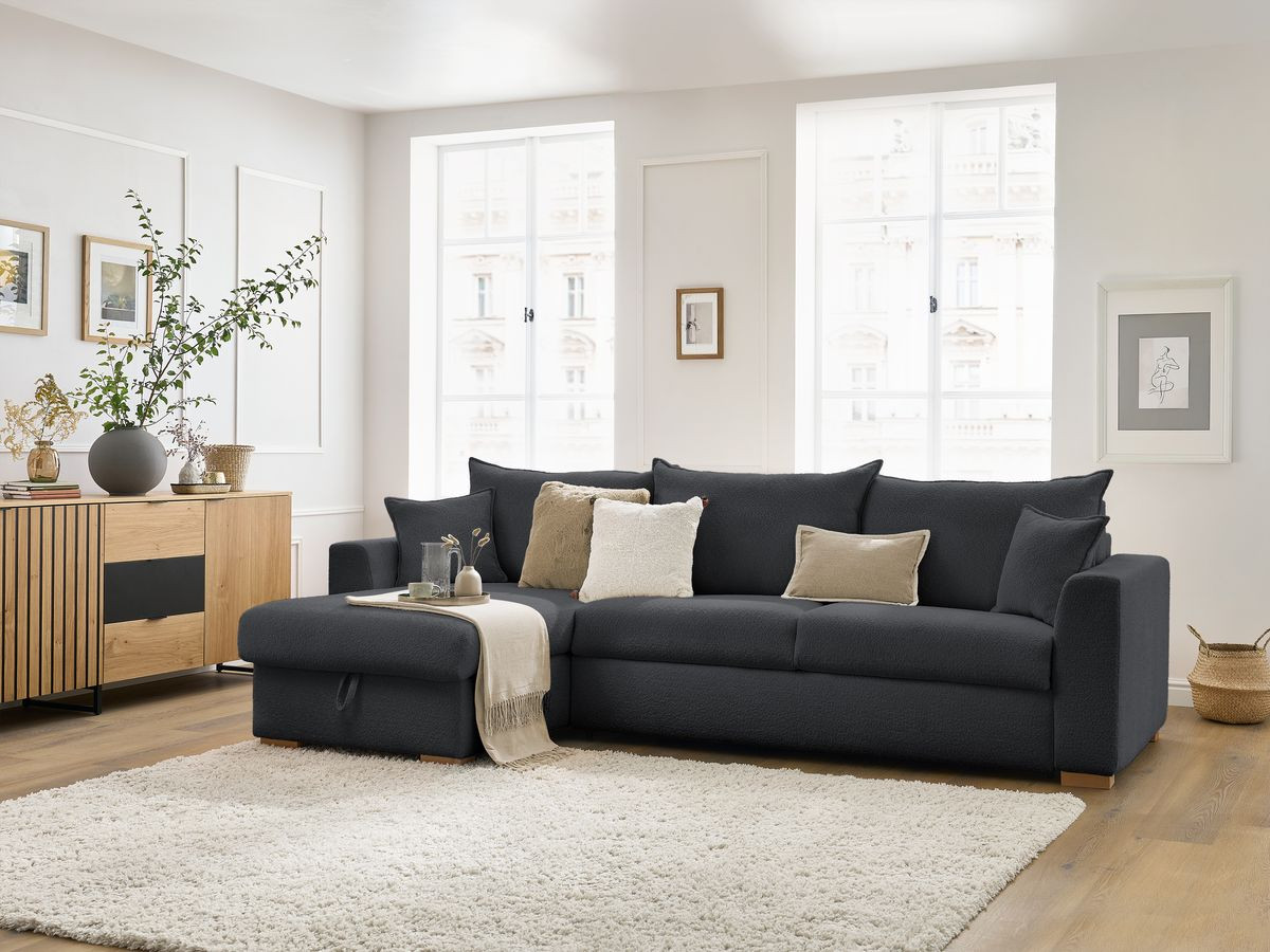 Bobochic Augustin Ecksofa mit Schlaffunktion und Bettkasten Bouclé-Stoff Dunkelgrau, Liegefläche 140 × 200 cm