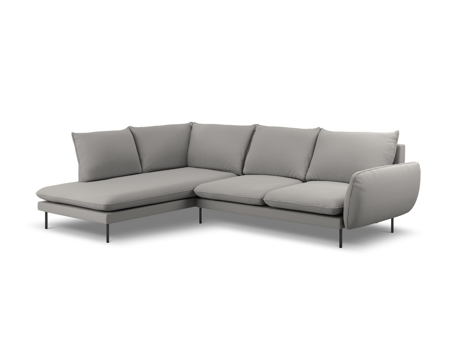 Cosmopolitan Design Ecksofa Vienna 6-Sitzer Boucle Ascot Grau Links Beine Schwarzes Metall