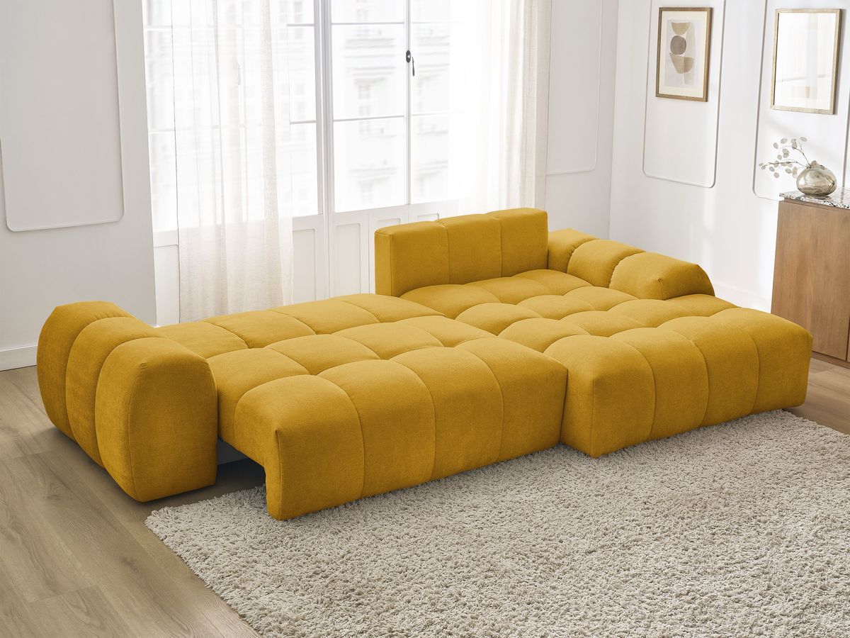 Bobochic Everest Ecksofa mit Schlaffunktion und Bettkasten 318 × 180 cm, 7 Kissen Strukturstoff Gelb Ecke rechts