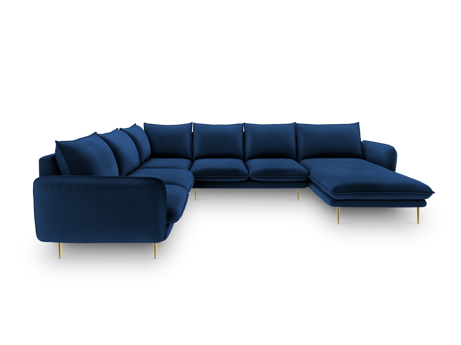 Cosmopolitan Design Panoramasofa Vienna 7-Sitzer Samt Bluvel Königsblau Links Beine Gold