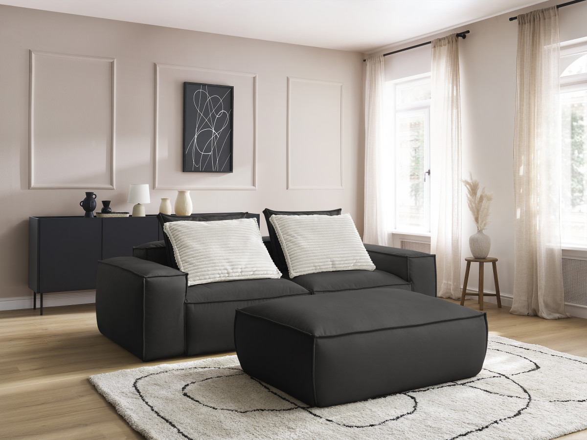 Bobochic Boheme Sofa 3-Sitzer mit Pouf Kunstleder Schwarz