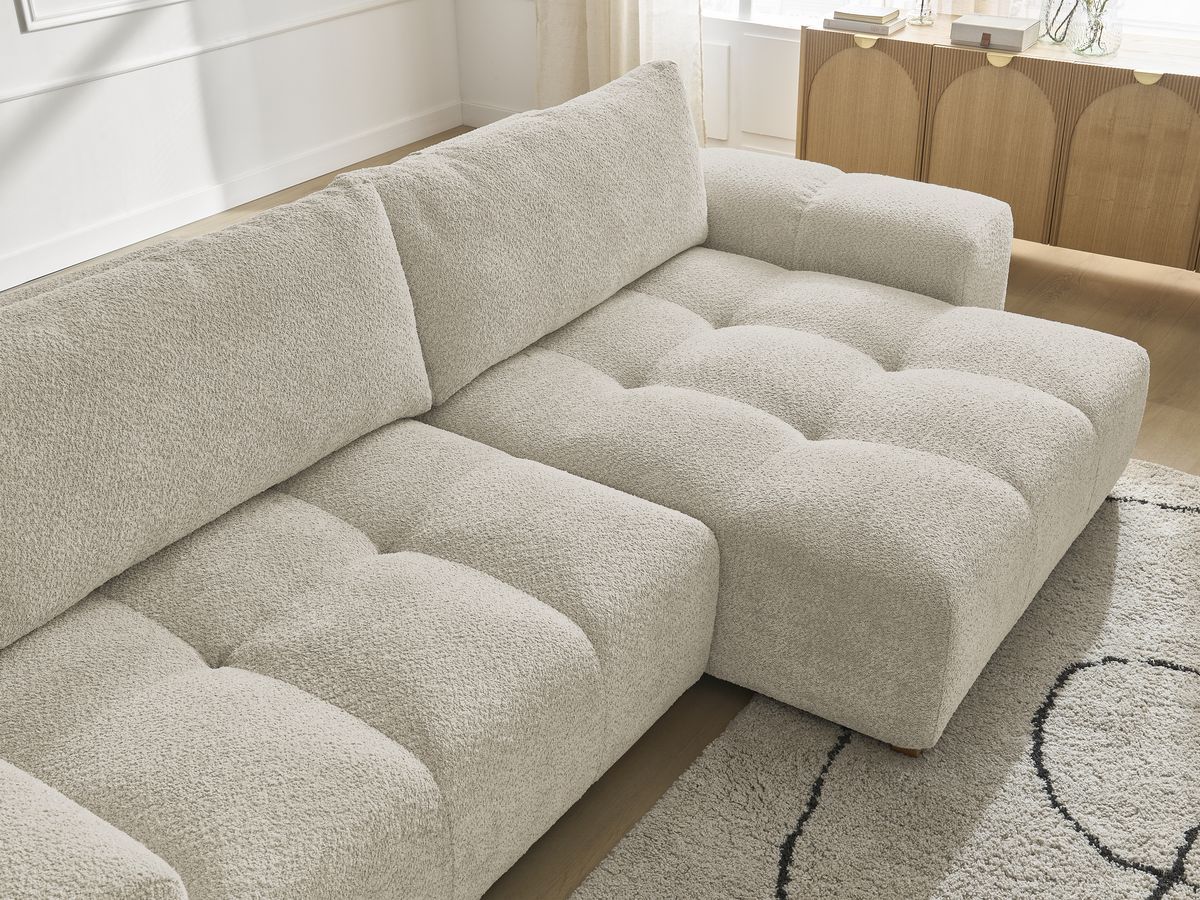 Bobochic Anakin Ecksofa mit Schlaffunktion und Bettkasten, 2 Kissen Bouclé-Stoff Beige