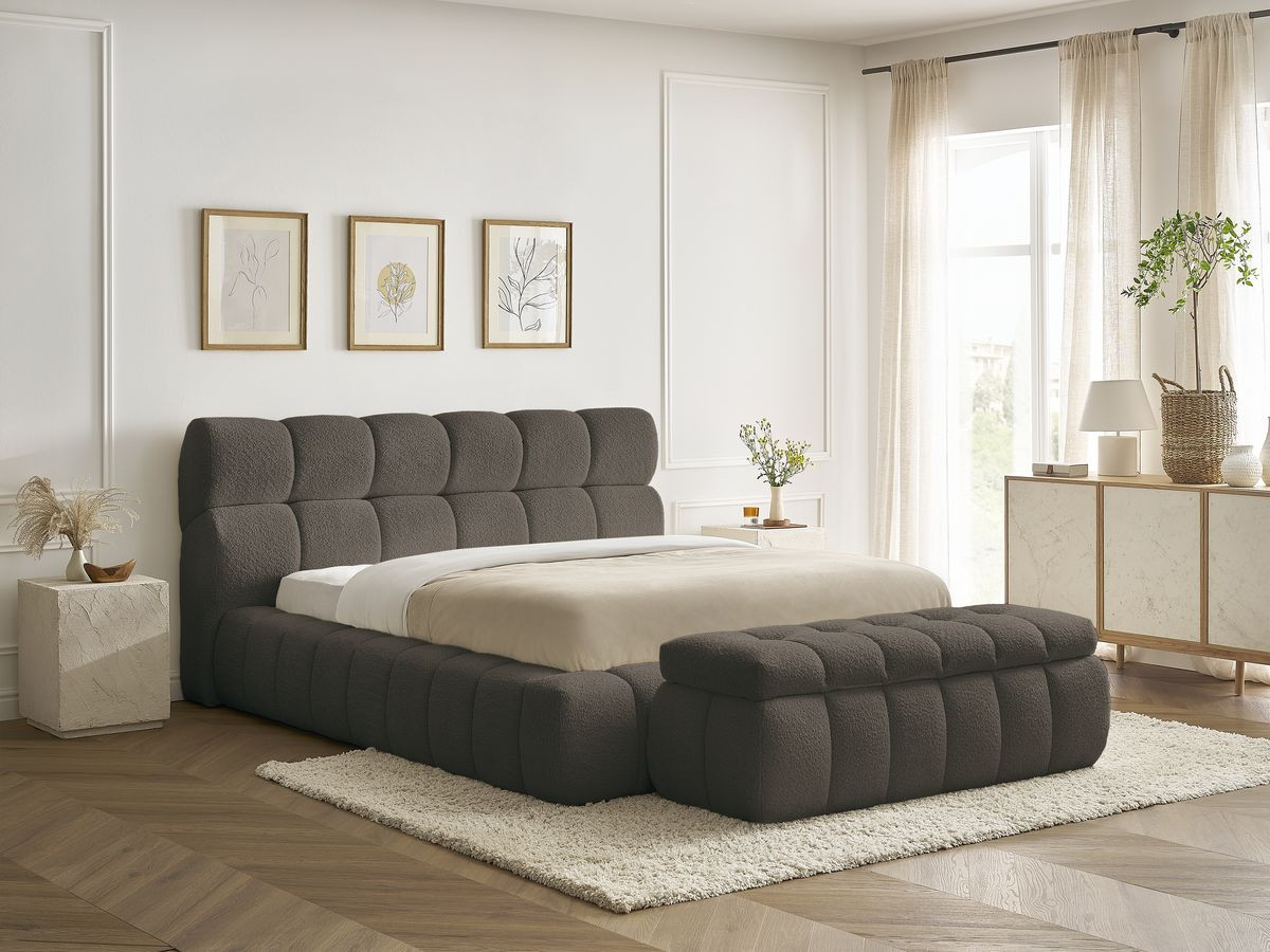 Bobochic Mont-blanc Polsterbett mit Bettkasten mit Bettbank Bouclé-Stoff Braun, Liegefläche 140 × 190 cm
