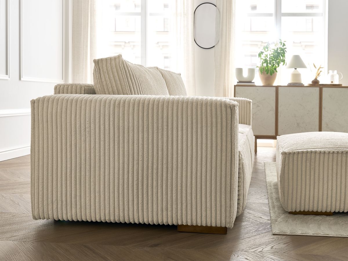 Bobochic Chelsea Schlafsofa 4-Sitzer mit Bettkasten und Pouf Breitcord weich Taupe