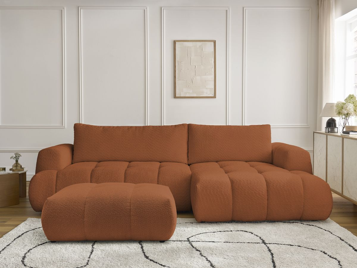 Bobochic Fuji Ecksofa mit Schlaffunktion und Bettkasten und Pouf 292 × 160 cm Bouclé-Stoff Orange Ecke rechts