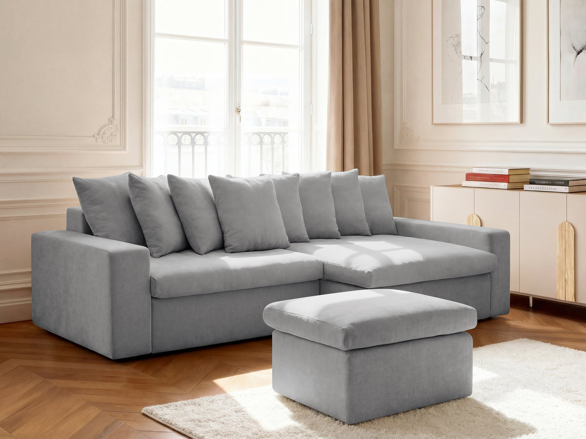 Bobochic Enore Ecksofa mit Pouf Stoff Hellgrau Ecke rechts