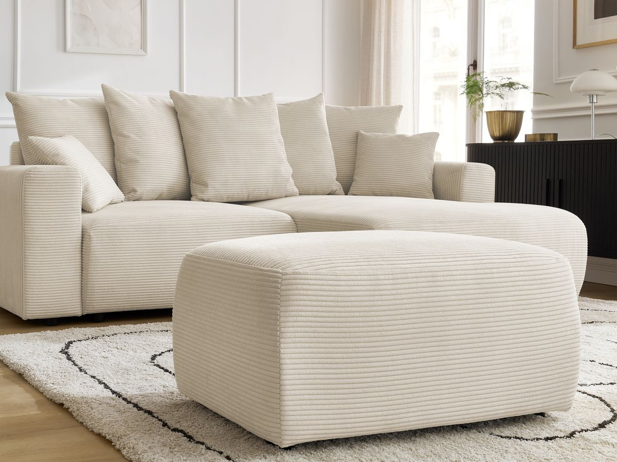Bobochic Atilla Ecksofa mit Schlaffunktion und Bettkasten und Pouf Cordsamt Beige Ecke rechts