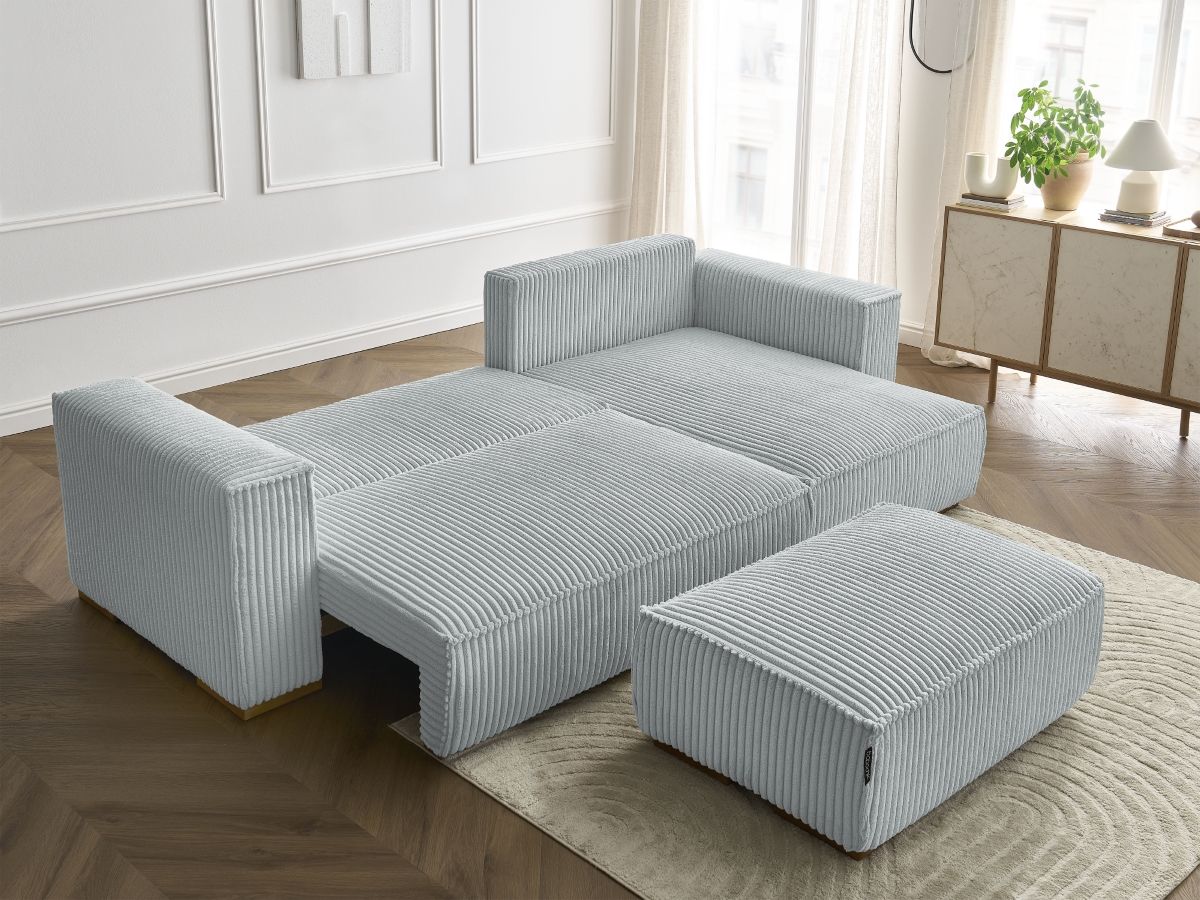 Bobochic Chelsea Ecksofa mit Schlaffunktion und Bettkasten und Pouf Breitcord weich Hellgrau