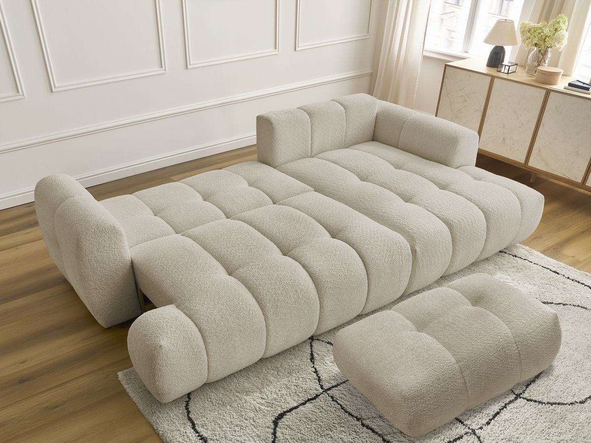 Bobochic Fuji Ecksofa mit Schlaffunktion und Bettkasten und Pouf 292 × 160 cm Bouclé-Stoff Beige Ecke rechts