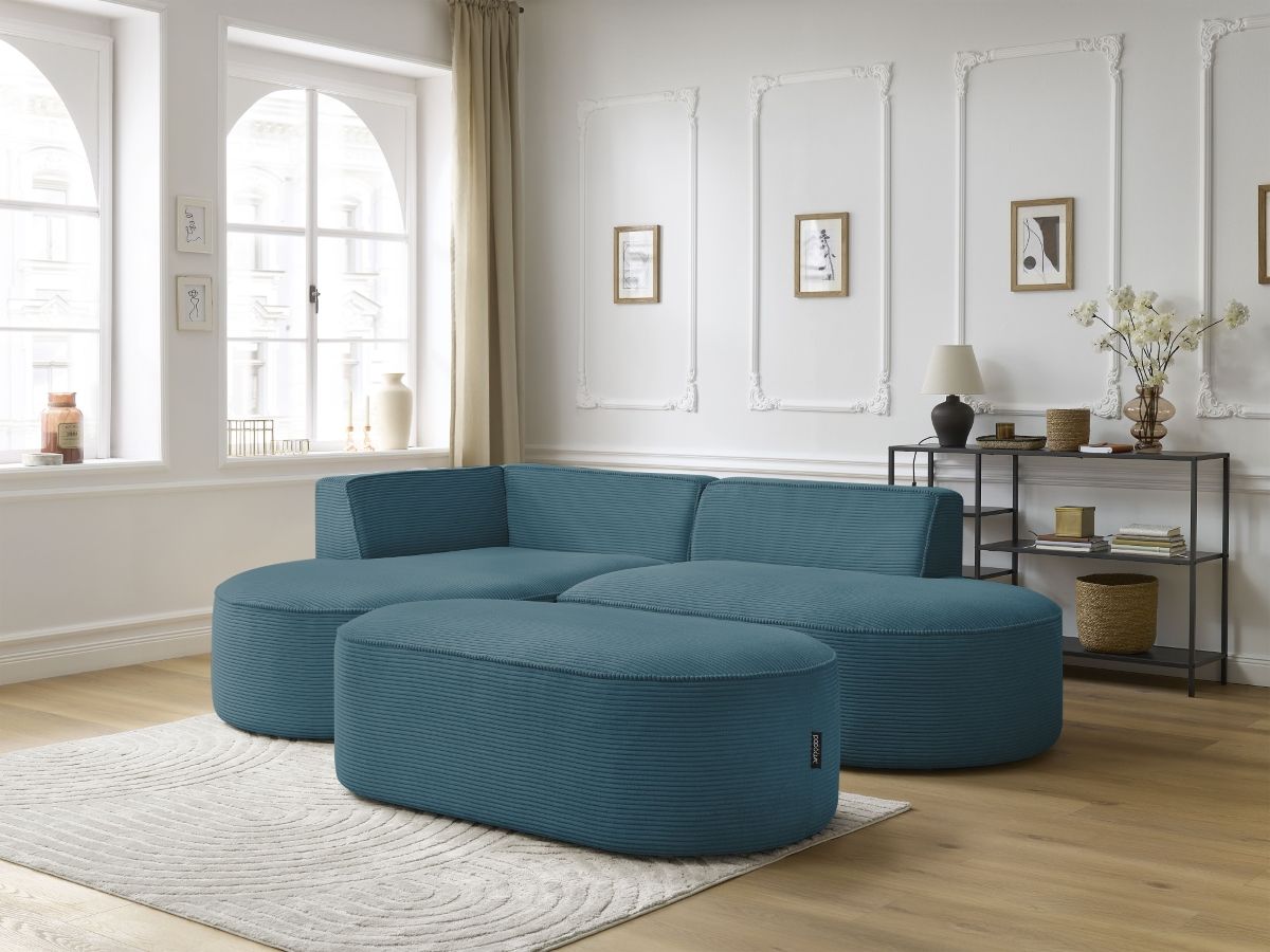 Bobochic Rousseau Ecksofa mit Pouf Cordsamt Dunkelblau Ecke links