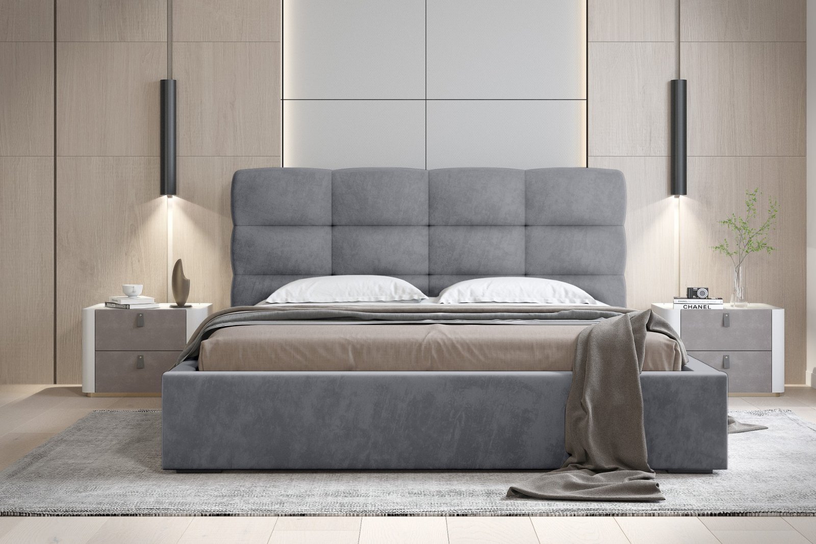Polsterbett Navo Samtstoff 140x200 mit Metallrahmen Macau Ash