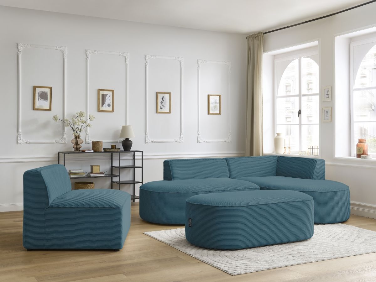 Bobochic Rousseau Ecksofa mit Sofamodul und Pouf Cordsamt Dunkelblau Ecke rechts